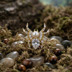 Designer Spider Gold Silver CZ Pearl Copper Cocktail Adjustable Ring