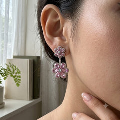 Luxury Silver Plated CZ Crystal Double Floral Copper Dangler Earrings