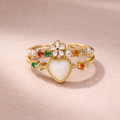 Green Pink White Heart Flower Gold CZ Adjustable Fancy Ring