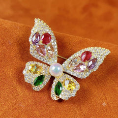 Multi Color Butterfly Gold Plated CZ Pearl Copper Brooch For Women