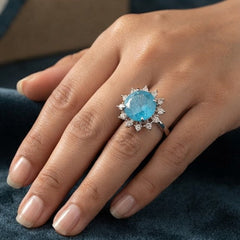 Elegant Oval Blue Silver Plated White CZ Copper Stud Earrings & Ring Set