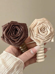 Brown White Rose Flower Spiral Hair Tie Plain Fabric Hair Accessories