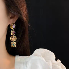 Square Round 18K Gold Cubic Zirconia Crytal Dangler Earring For Women