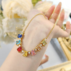 Rectangle rainbow Multi Gemstone Solitaire Cubic Zirconia 18K Gold anti Tarnish Necklace for Women