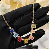 Rectangle rainbow Multi Gemstone Solitaire Cubic Zirconia 18K Gold anti Tarnish Necklace for Women