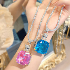 Panther Princess Cut Solitaire Pink Blue Yellow Silver Cubic Zirconia Anti Tarnish Necklace For Women