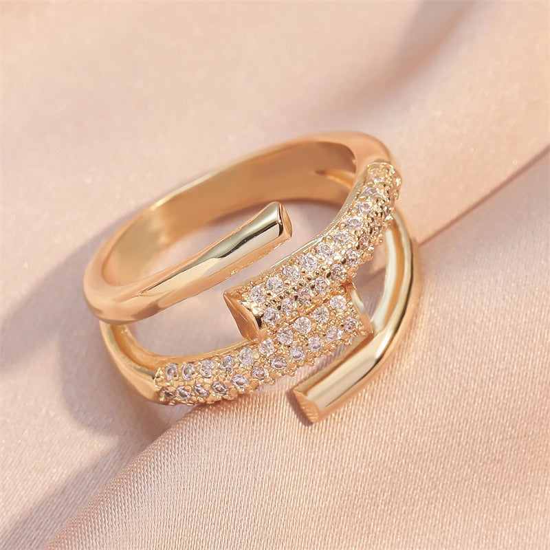 Cross Over Cubic Zirconia 18K Gold Plated Silver Anti Tarnish Free Size Ring For Women