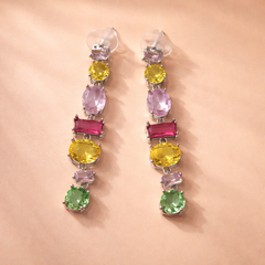 Multi Color Stone Vertical Bar Gold Plated CZ Copper Dangler Earrings