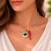 Blue Evil Eye Red Chili Charm Gold CZ Enamel Copper Pendant Chain