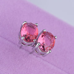 Oval Multi Gemstone Solitaire Cubic Zirconia Crystal Anti Tarnish Stud Earring For Women