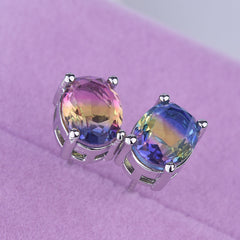 Oval Multi Gemstone Solitaire Cubic Zirconia Crystal Anti Tarnish Stud Earring For Women