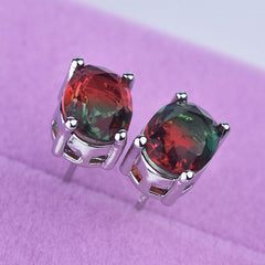 Oval Multi Gemstone Solitaire Cubic Zirconia Crystal Anti Tarnish Stud Earring For Women