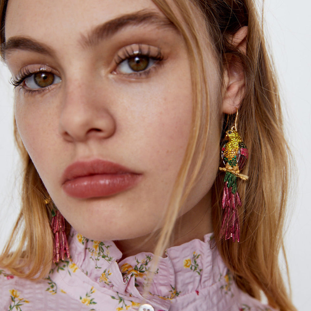 Multi Color Parrot Gold Enamel Dangler Earrings For Women
