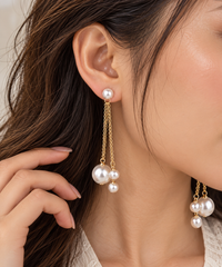 Elegant Gold Plated Long Chain Triple White Faux Pearl Dangler Earrings