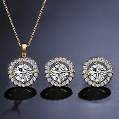 Luxury Round Halo Rose Silver Gold CZ Copper Necklace Earring Set