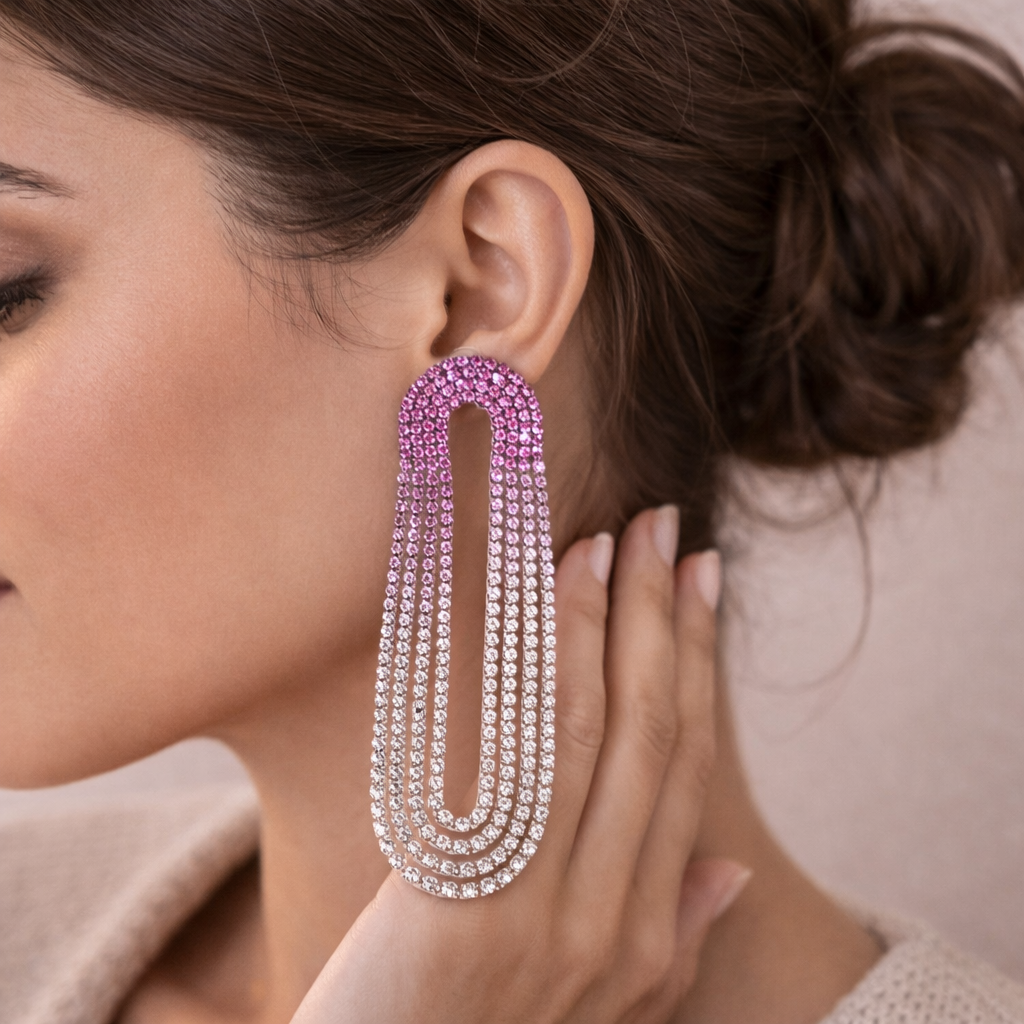 Black Pink Multi Chain U Shape Silver Rhinestone Dangler Earrings