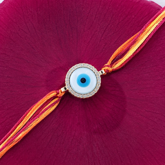 Round Evil Eye Rose Gold Plated CZ Mother of Pearl Thread Rakhi For Men