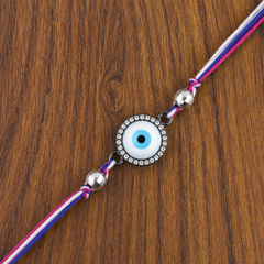 Round Evil Eye Black CZ Beads Pink Blue White Thread Rakhi For Men