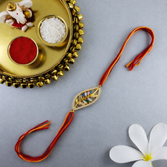 Designer Leaf Style Gold Plated CZ Red Orange Thread Rakhi For Men