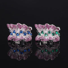 Inlaid Cubic Zirconia Silver Green Pink Crystal Anti Tarnish Free Size Ring For Women