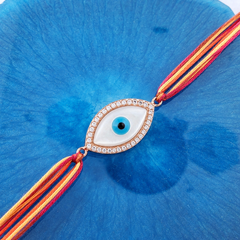 Oval Evil Eye Rose Gold CZ Mother of Pearl Red Orange Thread Rakhi
