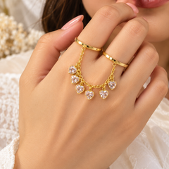 Designer Multi Finger Gold CZ Heart Chain Adjustable Ring For Women