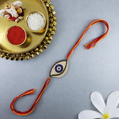 Designer Oval Evil Eye Black CZ Red Orange Thread Rakhi For Men