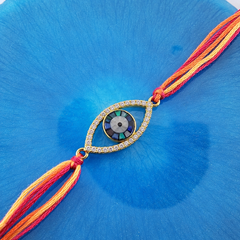 Multi Color Evil Eye Gold CZ Red Orange Thread Rakhi For Men