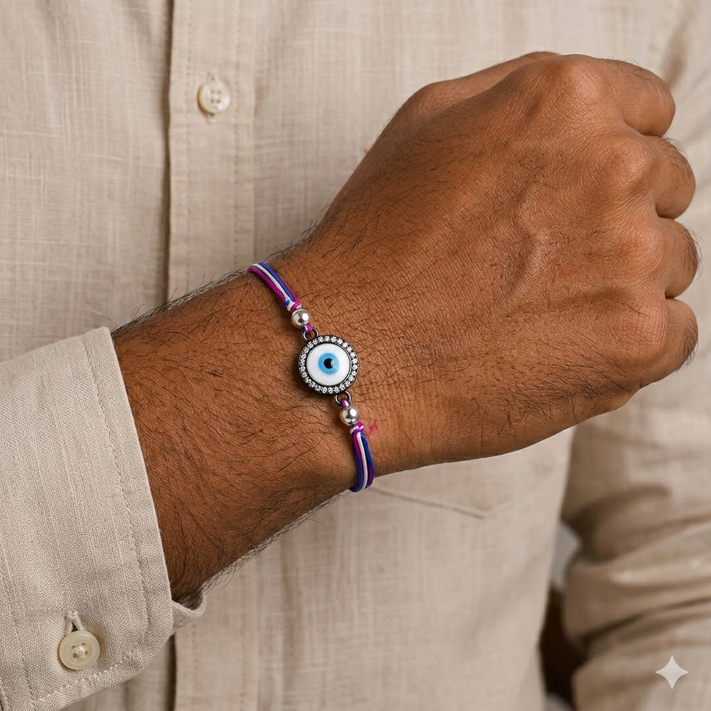 Round Evil Eye Black CZ Beads Pink Blue White Thread Rakhi For Men