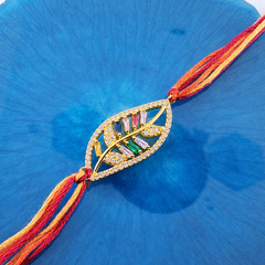 Designer Leaf Style Gold Plated CZ Red Orange Thread Rakhi For Men
