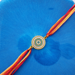 Blue White Round Evil Eye Gold Plated CZ Red Orange Thread Rakhi For Men