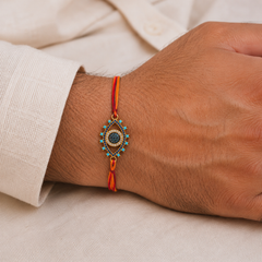 Designer Evil Eye CZ Turquoise Enamel Red Orange Thread Rakhi For Men