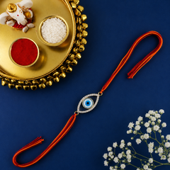White Blue Oval Evil Eye Gold Plated CZ Red Orange Thread Rakhi For Men