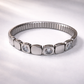 Stretchable Square Design Silver Plated CZ Stainless Steel Bracelet