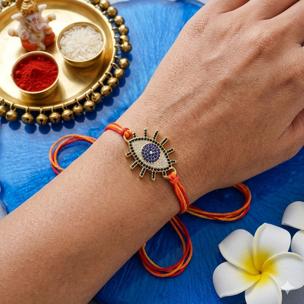 Designer Evil Eye Gold Plated CZ Red Orange Thread Rakhi For Men