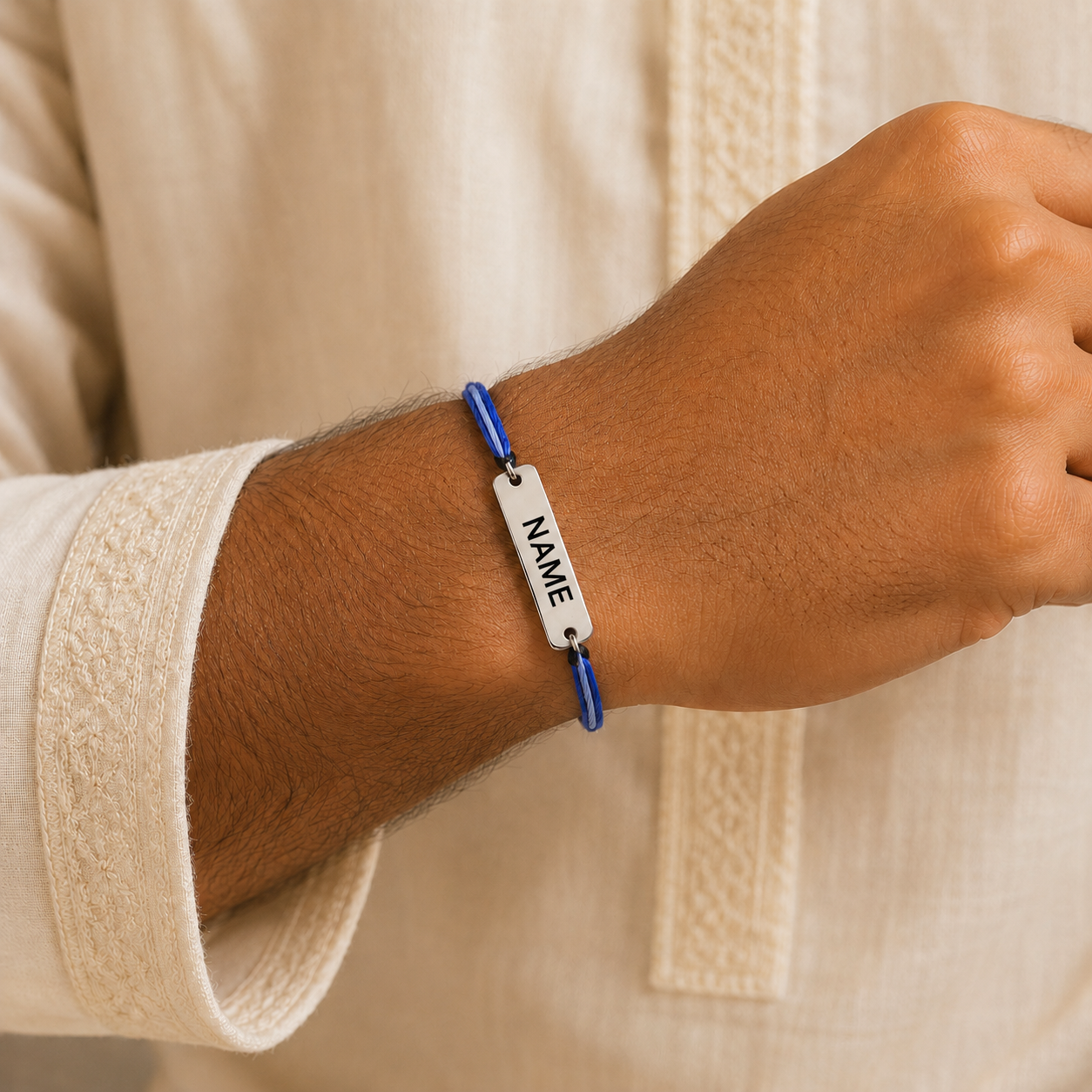 Customized Personalised Engraving Silver Plated Blue White Thread Rakhi