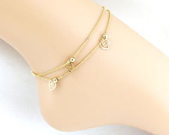 Elegant Gold Plated Triple Heart Charm Beaded Chain Anklets For Women
