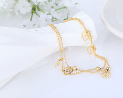 Elegant Gold Plated Triple Heart Charm Beaded Chain Anklets For Women