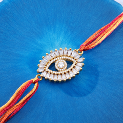White Premium Evil Eye Gold Plated CZ Red Orange Thread Rakhi For Men