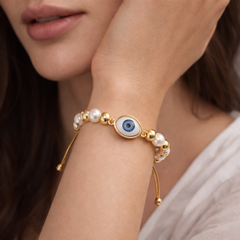 White Evil Eye Oval Charm Gold Plated Beads Stainless Steel Bracelet