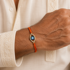 Multi Color Evil Eye Gold CZ Red Orange Thread Rakhi For Men
