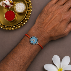 Round Evil Eye Silver Blue Black CZ Red Orange Thread Rakhi For Men