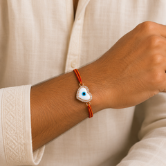 Heart Evil Eye Rose Gold Plated CZ Mother of Pearl Thread Rakhi For Men