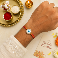 Round Evil Eye Rose Gold Plated CZ Mother of Pearl Thread Rakhi For Men