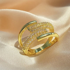 Cross Over Cubic Zirconia 18K Gold Plated Silver Anti Tarnish Free Size Ring For Women