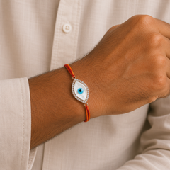 Oval Evil Eye Rose Gold CZ Mother of Pearl Red Orange Thread Rakhi