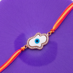 Floral Evil Eye Rose Gold Plated CZ Mother of Pearl Thread Rakhi For Men