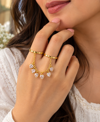 Designer Multi Finger Gold CZ Heart Chain Adjustable Ring For Women
