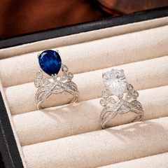 White Blue Drop Silver CZ Copper Anti Tarnish Adjustable Cocktail Ring