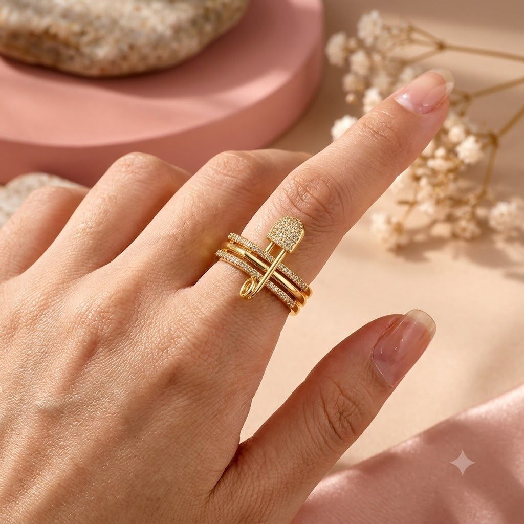 Designer Multi Layer Gold Plated CZ Copper Anti Tarnish Cocktail Ring